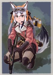 Rule 34 | absurdres, adapted costume, animal ears, black gloves, black shirt, blush, brown pants, collared shirt, commentary request, extra ears, eyewear on head, fox ears, fox girl, fox tail, gloves, goggles, grey hair, gun, hair tie, highres, island fox (kemono friends), jacket, kemono friends, kemono friends v project, knee pads, long sleeves, multicolored hair, necktie, orange hair, orange jacket, pants, shirt, solo, squatting, tail, toriny, twintails, two-tone hair, virtual youtuber, weapon, white necktie