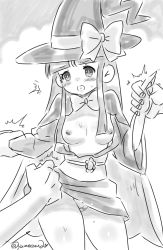 Rule 34 | 1girl, 2boys, blush, breasts, breasts out, grabbing, hat, legs, long hair, medium breasts, monochrome, multiple boys, multiple hands, nakoruru, nipples, open mouth, panties, samurai spirits, snk, surprised, thick thighs, thighs, underwear, witch, witch hat, yumecan2