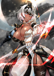 Rule 34 | 1girl, armor, breasts, cleavage, dark-skinned female, dark skin, dress, earrings, elbow gloves, energy, epic seven, feng mouren, frilled thighhighs, frills, garter belt, garter straps, gloves, greaves, grey eyes, hair ornament, ilynav (epic seven), jewelry, large breasts, long dress, mole, mole on breast, multicolored clothes, pauldrons, polearm, short hair, shoulder armor, smile, solo, thighhighs, tiara, two-tone dress, weapon, white hair