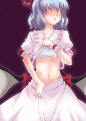 Rule 34 | 1girl, bat wings, bra, clothes lift, clothes pull, dress pull, female focus, groin, lifted by self, midriff, mori shin risuku, navel, panties, panty pull, pulled by self, remilia scarlet, shaded face, shirt lift, skirt, skirt lift, solo, touhou, training bra, underwear, white bra, white panties, wings, wrist cuffs