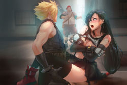 Rule 34 | 1girl, 2boys, armor, bandana, black hair, black thighhighs, blonde hair, blush, bracelet, breasts, caught, clothes lift, cloud strife, couple, covering privates, covering breasts, detached sleeves, earrings, embarrassed, final fantasy, final fantasy vii, final fantasy vii remake, fingerless gloves, gloves, hetero, indoors, jewelry, large breasts, long hair, looking at another, midriff, multiple boys, navel, open mouth, red bandana, red eyes, red footwear, seventh heaven, shirt, shirt lift, shorts, shoulder armor, sitting, skirt, sleeveless, sleeveless turtleneck, spiked hair, spykeee, square enix, standing, surprised, suspender skirt, suspenders, thighhighs, tifa lockhart, turtleneck, twitter username, walk-in, watermark, wedge (ff7), zettai ryouiki