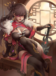 Rule 34 | 1girl, absurdres, beidou (genshin impact), black thighhighs, breasts, brown hair, capelet, chinese clothes, cleavage, cleavage cutout, clothing cutout, colored eyepatch, earrings, eyepatch, fingerless gloves, fur collar, genshin impact, gloves, hair ornament, hair over one eye, hair stick, hairpin, highres, holding, holding sword, holding weapon, jewelry, large breasts, long hair, one eye covered, pelvic curtain, red capelet, red eyes, sitting, solo, sword, thighhighs, thighs, vinh lam, weapon, window