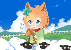 Rule 34 | 1girl, :o, animal ears, blue eyes, blue sky, blush stickers, brown gloves, brown hair, carrot, chibi, cloak, cloud, commentary, cowboy shot, day, denim, eating, elbow gloves, english commentary, farm, fence, food, gloves, grass, green cloak, hair between eyes, hair ornament, highres, holding, holding food, holding vegetable, horse ears, horse girl, jeans, long hair, mixed-language commentary, mountainous horizon, open mouth, outdoors, pants, plaid, plaid shirt, ponytail, red scarf, scarf, sheep, shimanoji, shirt, sidelocks, sky, solo focus, sound effects, standing, star (symbol), star hair ornament, taiki shuttle (umamusume), teeth, torn clothes, torn pants, umamusume, upper teeth only, vegetable, yellow shirt