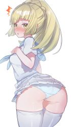 Rule 34 | 1girl, ass, blonde hair, blunt bangs, blush, clothes lift, creatures (company), eyelashes, game freak, goodpain333, green eyes, hand on own chest, highres, lillie (pokemon), long hair, looking back, nintendo, nose blush, open mouth, panties, pantyshot, pleated skirt, pokemon, pokemon sm, ponytail, shirt, skirt, skirt lift, surprised, thighhighs, underwear, white background, white panties, white shirt, white skirt, white thighhighs