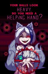 Rule 34 | 1girl, animal ears, bear trap, chain, english text, goshatkach, grey hair, mitsugashira enoko, multicolored hair, multiple tails, neck chain, one eye closed, pixel art, shine, short hair, tail, touhou, two-tone hair, unfinished dream of all living ghost