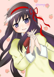 Rule 34 | 1girl, :3, akemi homura, artist name, beige vest, black hair, blush, bow, bowtie, commentary request, female focus, food, fruit, hair bow, hairband, interlocked fingers, jitome, long hair, long sleeves, looking at viewer, mahou shoujo madoka magica, mitakihara school uniform, open mouth, own hands clasped, own hands together, peach, pink background, purple eyes, red bow, red bowtie, red hairband, sanma mumin9ta, school uniform, shirt, sleeve cuffs, solo, twitter username, uniform, very long hair, white shirt
