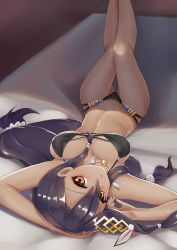 Rule 34 | 1girl, absurdres, azur lane, bare shoulders, bed, bikini, black bikini, black hair, blush, braid, breasts, brown eyes, cameltoe, commentary request, dark-skinned female, dark skin, feather hair ornament, feathers, hair between eyes, hair ornament, highres, jewelry, large breasts, long hair, looking at viewer, lying, native american, navel, necklace, on back, purple background, solo, south dakota (azur lane), swimsuit, the hermit