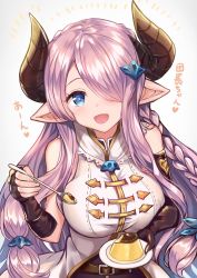 Rule 34 | 1girl, :d, bare shoulders, belt, black gloves, blue eyes, braid, breasts, brooch, commentary request, draph, fingerless gloves, food, gloves, gradient background, granblue fantasy, hair ornament, hair over one eye, highres, holding, holding plate, holding spoon, horns, jewelry, large breasts, long hair, looking at viewer, narmaya (granblue fantasy), open mouth, plate, pointy ears, pudding, sakura ani, shirt, sidelocks, silver hair, smile, solo, spoon, translation request, upper body, white background, white shirt