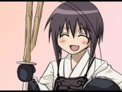 Rule 34 | 1girl, animated, animated gif, bamboo blade, bleach, blush, closed eyes, kawazoe tamaki, leekspin (meme), lowres, meme, parody, shinai, solo, sword, weapon