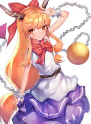 Rule 34 | 1girl, absurdres, arm up, bare shoulders, belt, blush, bow, bowtie, brown belt, buttons, chain, closed mouth, cowboy shot, hair bow, highres, horns, ibuki suika, leste (humansequencer), long hair, looking at viewer, low-tied long hair, oni horns, orange hair, print skirt, purple skirt, red bow, red bowtie, red eyes, shirt, skirt, sleeveless, sleeveless shirt, smile, solo, touhou, v, v-shaped eyebrows, very long hair, white background, white shirt, wrist cuffs