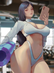 Rule 34 | 1girl, alternate costume, black hair, blurry, blurry background, breasts, cellphone, cleavage, covered erect nipples, final fantasy, final fantasy vii, holding, holding phone, ignite (artist), indoors, large breasts, lips, long hair, long sleeves, navel, parted lips, patreon username, phone, red eyes, solo, thighs, tifa lockhart