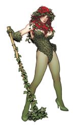 Rule 34 | 1girl, adam hughes, axe, batman (series), breasts, cleavage, concept art, dc comics, figure, full body, gloves, green legwear, green shoes, hand on own hip, high heels, ivy, leotard, pantyhose, plant, poison ivy, red hair, simple background, sleeveless, solo, standing, white background