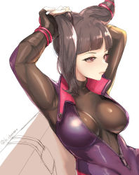 Rule 34 | 1girl, adjusting hair, arms up, black hair, bodysuit, chamame, couch, drill hair, han juri, highres, jumpsuit, lips, pink eyes, sitting, solo, street fighter, twin drills, twintails, unzipped