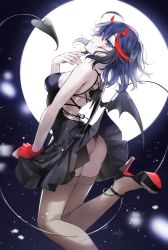 Rule 34 | 1girl, alternate costume, anklet, arched back, ass, black dress, black footwear, black hair, black panties, blue eyes, blush, breasts, brown thighhighs, closed mouth, commentary request, demon horns, demon tail, dress, from side, high heels, highres, horns, jewelry, jibek lily, kill la kill, korean commentary, leg up, matoi ryuuko, moon, multicolored hair, night, outdoors, panties, red hair, solo, streaked hair, tail, thighhighs, underwear