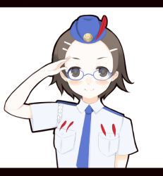 Rule 34 | ace attorney, artist request, black eyes, black hair, blush, brown hair, capcom, glasses, hair ornament, hairclip, hat, maggey byrde, necktie, pale skin, phoenix wright: ace attorney - justice for all, police, police uniform, policewoman, salute, short hair, smile, solo, uniform