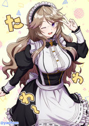 Rule 34 | 1girl, ;d, apron, black dress, breasts, brown hair, commentary request, cowboy shot, dress, glasses, indie virtual youtuber, juliet sleeves, large breasts, long hair, long sleeves, looking at viewer, maid, maid apron, maid headdress, one eye closed, open mouth, puffy sleeves, purple eyes, smile, solo, twitter username, v, virtual youtuber, wavy hair, white apron, yaeyama reishi