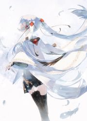 Rule 34 | 1girl, black skirt, black thighhighs, blue hair, closed eyes, commentary, crossed legs, floating hair, from behind, hatsune miku, highres, japanese clothes, light blue hair, long hair, long sleeves, musical note, musical note print, outstretched arms, pleated skirt, procreate (medium), simple background, skirt, snowflakes, solo, spread arms, striped clothes, striped thighhighs, thighhighs, twintails, vertical-striped clothes, vertical-striped thighhighs, very long hair, vocaloid, wide sleeves, wnmuwnmu, yuki miku, yuki miku (2018)
