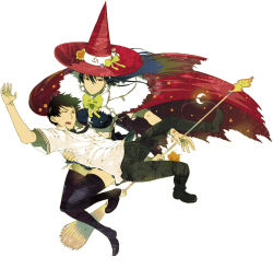 Rule 34 | 10s, 1boy, 1girl, black hair, bow, broom, brown hair, cape, carrying, hat, height difference, kagari ayaka, long hair, mizunagi ryuu, multicolored hair, official art, one eye closed, princess carry, school uniform, short hair, simple background, takamiya honoka, thighhighs, two-tone hair, wink, witch, witch craft works, witch hat, zettai ryouiki