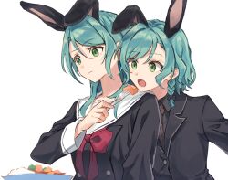 Rule 34 | 2girls, akni, animal ears, aqua hair, bang dream!, black shirt, black suit, bow, bowtie, braid, carrot, commentary request, feeding, food, fork, formal, green eyes, hikawa hina, hikawa sayo, holding, holding fork, long hair, looking at food, medium hair, multiple girls, open mouth, plate, rabbit ears, red bow, red bowtie, sailor collar, school uniform, shirt, siblings, sisters, suit, twins, white sailor collar