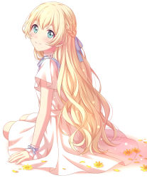 Rule 34 | 1girl, absurdres, aikatsu! (series), aikatsu stars!, arm support, blonde hair, blue eyes, blue ribbon, blush, braid, closed mouth, dress, flower, from side, hair ribbon, highres, looking at viewer, looking to the side, ribbon, sekina, shiratori hime, short sleeves, simple background, sitting, smile, solo, white background, white dress, wristband, yellow flower