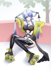 Rule 34 | 1girl, absurdres, black thighhighs, blue hair, breasts, gradient hair, hair rings, highres, jacket, large breasts, long hair, masha (xenoblade), multicolored hair, okazakileo, roller skates, sitting, skates, thighhighs, white hair, xenoblade chronicles (series), xenoblade chronicles 3, yellow eyes, yellow jacket