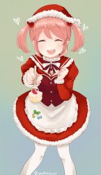 Rule 34 | 10s, 1girl, alternate costume, bad id, bad pixiv id, cake, chiune (yachi), dress, feeding, food, fork, hair ornament, hat, highres, incoming food, kantai collection, open mouth, pantyhose, pink hair, pov feeding, santa costume, santa hat, sazanami (kancolle), short hair, smile, solo, twintails