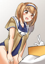 Rule 34 | 1boy, 1girl, blush, brown eyes, commentary request, cowboy shot, gradient background, grey background, hairband, i-26 (kancolle), kantai collection, leaning forward, light brown hair, long hair, mayura (lucadia), name tag, new school swimsuit, one-hour drawing challenge, sailor collar, school swimsuit, smile, swimsuit, swimsuit under clothes, t-head admiral, two-tone hairband, two side up