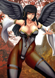 Rule 34 | 1girl, alternate color, alternate costume, alternate hair length, alternate hairstyle, amibazh, black hair, black pantyhose, black wings, breasts, bridal gauntlets, covered erect nipples, dead or alive, dead or alive 5, detached sleeves, eyeliner, feathered wings, hair tubes, hand fan, highres, hime cut, large breasts, leotard, lips, long hair, makeup, mole, mole under mouth, navel, no headwear, nyotengu, pantyhose, player 2, purple eyes, see-through, skin tight, solo, tecmo, thighhighs, thong leotard, wide sleeves, wings
