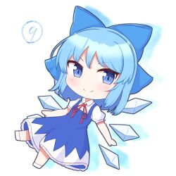 Rule 34 | 1girl, blue bow, blue dress, blue eyes, blue hair, blush, bow, chibi, cirno, closed mouth, collared shirt, detached wings, dress, fairy, full body, hair bow, highres, ice, ice wings, kominato haru, looking at viewer, pinafore dress, shirt, short hair, short sleeves, simple background, sleeveless, sleeveless dress, smile, solo, touhou, white background, white shirt, wings