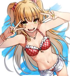 Rule 34 | 1girl, argyle, argyle bikini, argyle clothes, bangle, bare shoulders, bikini, blonde hair, bow, bracelet, breasts, collarbone, cowboy shot, double v, frilled bikini, frills, green eyes, hair bow, heart, heart necklace, highres, idolmaster, idolmaster cinderella girls, jewelry, jougasaki rika, kakaobataa, long hair, looking at viewer, nail polish, navel, necklace, open fly, open mouth, short shorts, shorts, small breasts, smile, solo, swimsuit, teeth, toned, two-tone background, two side up, unbuttoned, v, white background, yellow nails