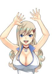 Rule 34 | 1girl, armpits, arms up, blonde hair, blouse, blue eyes, breasts, choker, cleavage, collared shirt, eden&#039;s zero, hair between eyes, hair ornament, hairclip, hands up, highres, jewelry, large breasts, long hair, looking at viewer, mashima hiro, official art, open mouth, rebecca bluegarden, red choker, scoop neck, shiny skin, shirt, simple background, sleeveless, sleeveless shirt, smile, solo, upper body, white background, white shirt