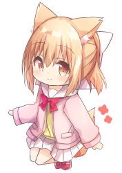 Rule 34 | 1girl, animal ear fluff, animal ears, blush, bow, brown eyes, chibi, closed mouth, commentary request, full body, hair between eyes, hair bow, highres, jacket, light brown hair, long sleeves, looking at viewer, nakkar, open clothes, open jacket, original, pink jacket, pleated skirt, ponytail, red bow, red footwear, sailor collar, shirt, shoes, simple background, skirt, smile, solo, tail, white background, white bow, white sailor collar, white skirt, yellow shirt