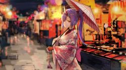 Rule 34 | 1girl, absurdres, bag, black undershirt, blurry, blurry background, commentary request, fate/grand order, fate (series), fingerless gloves, fish, floral print, gloves, goldfish, hair between eyes, highres, holding, holding bag, horns, japanese clothes, kimono, light smile, long hair, looking at viewer, oni horns, pixiv14930173, ponytail, print kimono, red eyes, red gloves, red horns, silver hair, solo, tomoe gozen (fate)