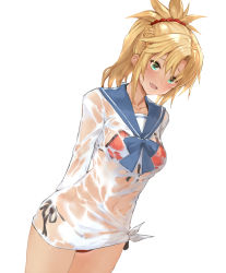 Rule 34 | 1girl, aqua eyes, bikini, bikini under clothes, blonde hair, blush, breasts, dutch angle, fate/apocrypha, fate/grand order, fate (series), front-tie top, green eyes, highres, looking at viewer, mordred (fate), mordred (fate) (all), mordred (fate/apocrypha), mordred (swimsuit rider) (fate), mordred (swimsuit rider) (second ascension) (fate), navel, open mouth, ponytail, red bikini, sailor collar, school uniform, see-through, serafuku, shirt, side-tie bikini bottom, simple background, smile, solo, swimsuit, tied shirt, tokopi, wet, wet clothes, white background