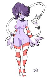Rule 34 | 1girl, bigdead, breasts, cleft of venus, female focus, full body, highres, leviathan (skullgirls), nipples, nude, purple hair, pussy, skullgirls, solo, squigly (skullgirls), standing, thighhighs, uncensored