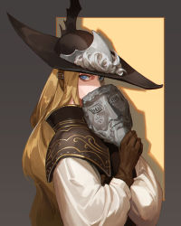 Rule 34 | 1girl, armor, black hat, blonde hair, blue eyes, brown gloves, commentary request, dark souls (series), dark souls ii, gloves, hat, highres, holding, holding mask, jiro (ninetysix), long hair, long sleeves, looking at viewer, lucatiel of mirrah, mask, shadow, shirt, shoulder armor, solo, upper body, very long hair, white shirt