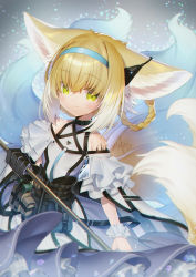 Rule 34 | 1girl, animal ear fluff, animal ears, arknights, bare shoulders, black gloves, blouse, blue hairband, braid, braided hair rings, brown hair, closed mouth, commentary request, gloves, green eyes, hair between eyes, hair rings, hairband, highres, holding, infection monitor (arknights), looking at viewer, material growth, multicolored hair, multiple tails, oripathy lesion (arknights), pleated skirt, purple skirt, shaneru, shirt, signature, single glove, skirt, smile, solo, suzuran (arknights), tail, twin braids, two-tone hair, white hair, white shirt