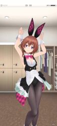 Rule 34 | 1girl, 3d, alice gear aegis, animated, armpits, arms up, audible music, blue eyes, breasts, brown hair, character request, cleavage, closed eyes, dancing, happy, highres, legs, leotard, looking at viewer, medium breasts, open mouth, playboy bunny, rabbit ears, short hair, smile, solo, sound, thighs, video