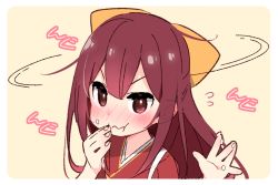 Rule 34 | 1girl, blush, bow, ears visible through hair, eating, fingers to mouth, food, food on face, food on hand, hair bow, kamikaze (kancolle), kantai collection, long hair, looking at viewer, nose blush, red eyes, red hair, rice, rice on face, simple background, solo, upper body, yoru nai