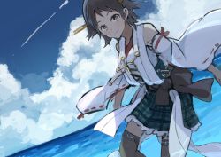 Rule 34 | 10s, 1girl, black thighhighs, blue eyes, brown hair, cloud, day, falsehood, hiei (kancolle), kantai collection, looking at viewer, nontraditional miko, ocean, short hair, skirt, sky, smile, solo, thighhighs, water