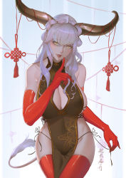 Rule 34 | 1girl, absurdres, breasts, center opening, china dress, chinese clothes, chinese commentary, commentary, cow, cow horns, cow tail, dress, elbow gloves, gloves, highres, horns, large breasts, looking at viewer, nengajou, new year, original, red gloves, red thighhighs, solo, tail, thighhighs, xiumu bianzhou, yellow eyes