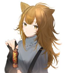 Rule 34 | 1girl, absurdres, animal ears, arknights, black gloves, breasts, brown eyes, brown hair, candy, chocolate, chocolate bar, fingerless gloves, food, gloves, grey shirt, gupipy, hand up, highres, holding, holding food, lion ears, looking at viewer, shirt, siege (arknights), simple background, small breasts, solo, upper body, white background