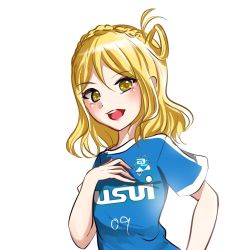 Rule 34 | 1girl, artist name, artist request, blonde hair, blue shirt, blush, braid, breasts, brown eyes, crown braid, female focus, flat chest, green eyes, hair rings, hand on chest, hand on own chest, looking at viewer, love live!, love live! sunshine!!, ohara mari, parted lips, shirt, short hair, small breasts, smile, solo, upper body, white background, yellow eyes