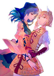 Rule 34 | 2girls, absurdres, apron, arm ribbon, armor, armored dress, blonde hair, blue hair, cowboy shot, double bun, dress, expressionless, floating hair, green apron, green headwear, hair bun, hair ribbon, hand in another&#039;s hair, hand on another&#039;s hip, haniwa (statue), haniyasushin keiki, highres, holding, hood, jewelry, joutouguu mayumi, juliet sleeves, leaning back, long hair, long sleeves, looking at viewer, magatama, magatama necklace, multiple girls, necklace, parted lips, puffy short sleeves, puffy sleeves, red eyes, ribbon, ringo orihara, shirt, short hair, short sleeves, sideways glance, simple background, single strap, standing, touhou, vambraces, very long hair, white background, white shirt, wide sleeves, yellow dress