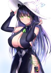 Rule 34 | 1girl, absurdres, animal ears, arms up, black dress, black gloves, black hair, blue archive, breasts, bridal gauntlets, china dress, chinese clothes, cleavage, dress, elbow gloves, gloves, green eyes, hand on headwear, hat, highres, large breasts, long hair, nail polish, shun (blue archive), side slit, simple background, solo, sun hat, tiger ears, tiger girl, torabera, very long hair, white background, white hat