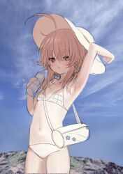 Rule 34 | 1girl, ahoge, arm up, armpits, bag, bare arms, bare shoulders, bikini, blue sky, bottle, breasts, brown hair, cloud, cloudy sky, day, hair between eyes, hat, highres, holding, holding bottle, original, outdoors, red eyes, shiodome oji, shoulder bag, sky, small breasts, solo, sun hat, swimsuit, water bottle, white bikini, white headwear