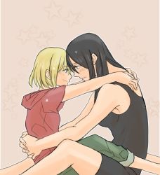 Rule 34 | 2girls, arms around neck, arms around waist, beige background, bijon (deadly butterfly38zz), black hair, black shirt, black shorts, blonde hair, blue eyes, blush, capri pants, casual, closed mouth, fang, forehead-to-forehead, from side, girls und panzer, green pants, half-closed eyes, hands on another&#039;s shoulders, heads together, hood, hoodie, katyusha (girls und panzer), long hair, looking at another, multiple girls, nonna (girls und panzer), pants, red shirt, shirt, short hair, short sleeves, shorts, sitting, smile, star (symbol), starry background, swept bangs, tank top, yuri