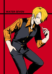 Rule 34 | 1boy, between fingers, blonde hair, cigarette, commentary request, facial hair, hair over one eye, highres, holding, long sleeves, male focus, one piece, red background, sanji (one piece), short hair, simple background, smile, sorase (srsrs 000), teeth