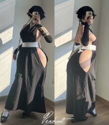 1girl artist_name bare_shoulders black_hair bleach breasts cosplay detached_sleeves full_body holding holding_phone medium_breasts medium_hair peachuu244 phone photo_(medium) real_life selfie shihakusho sideboob standing sui-feng sui-feng_(cosplay) suzumebachi_(shikai) thighs