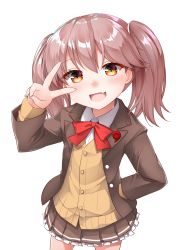 Rule 34 | 1girl, :d, blazer, blush, bow, bowtie, brown cardigan, brown eyes, brown hair, brown jacket, brown skirt, cardigan, collared shirt, commentary request, cosplay, fang, frilled skirt, frills, hair between eyes, hand on own hip, hand up, highres, jacket, kantai collection, kirigakure (kirigakure tantei jimusho), long hair, long sleeves, looking at viewer, magatama, open clothes, open jacket, open mouth, pleated skirt, red bow, red bowtie, ryuujou (kancolle), school uniform, shirt, simple background, skirt, smile, solo, suzuya (kancolle), suzuya (kancolle) (cosplay), twintails, v, v over eye, white background, white shirt